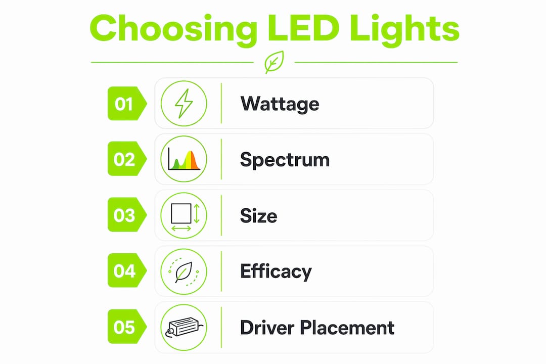 Infographic showing key LED light choice factors