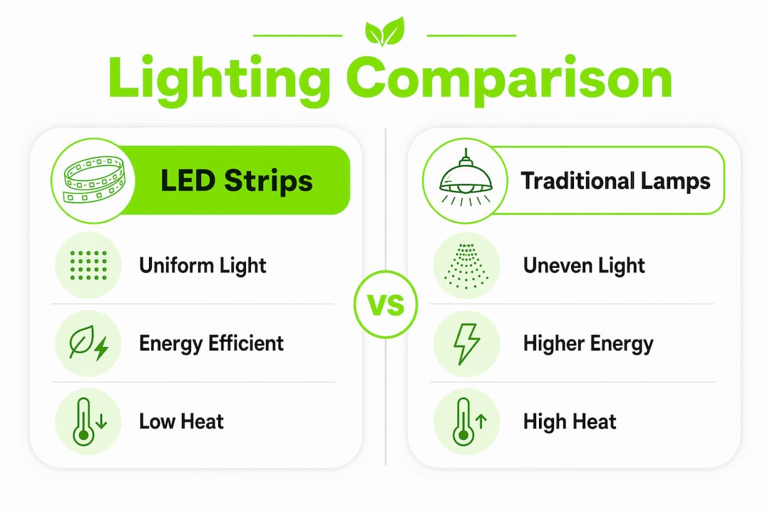 Comparison infographic of LED strips and traditional grow lights