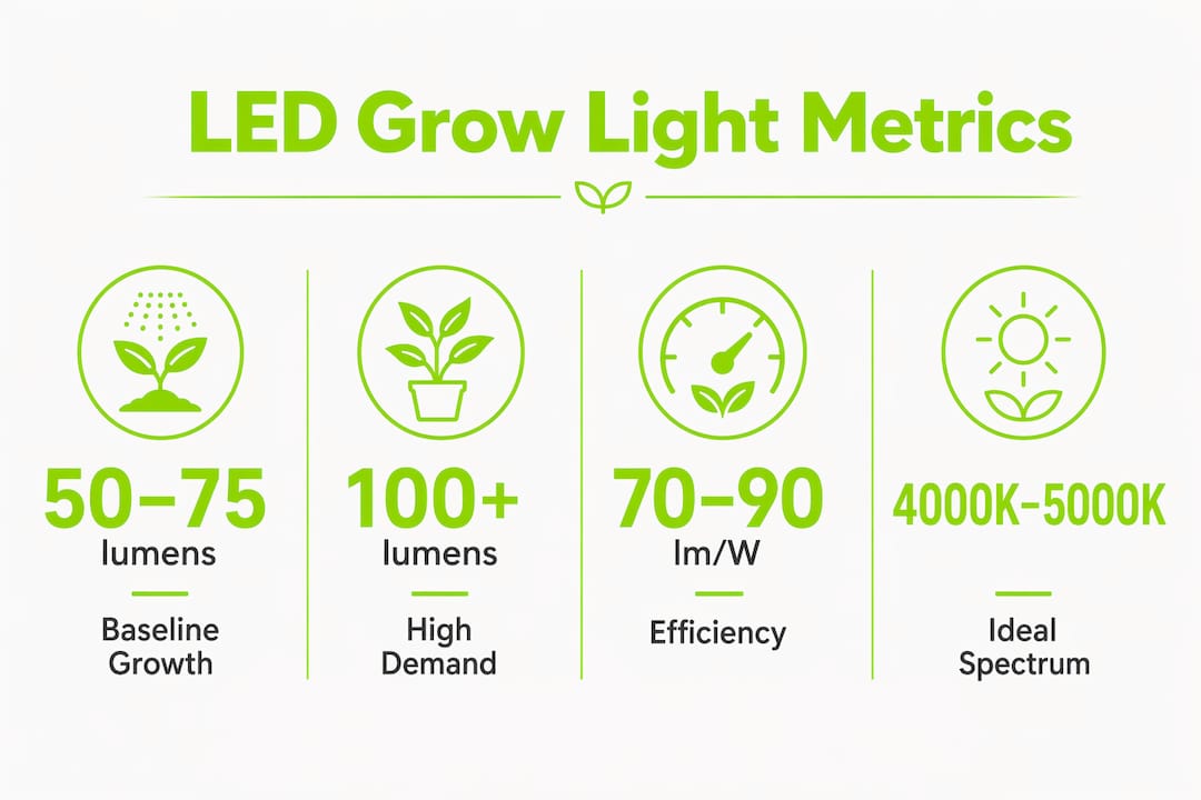 Infographic showing LED grow light metrics overview