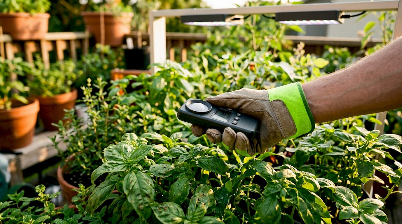 Handheld PPFD sensor measuring LED-lit plants