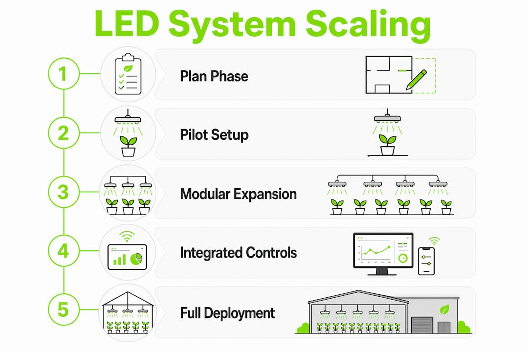 Infographic outlining commercial LED system scaling steps
