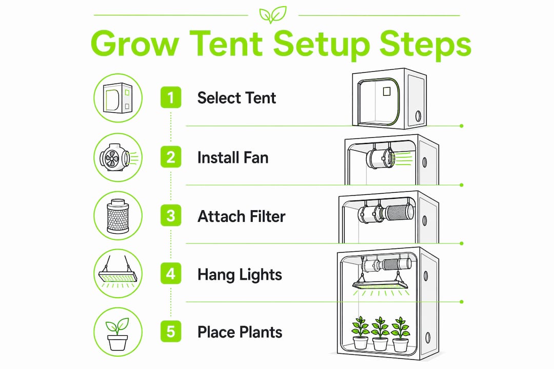 Infographic showing steps for compact grow tent setup