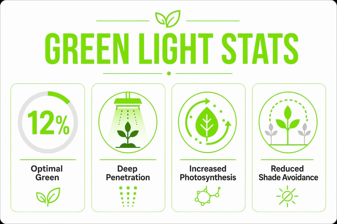 Infographic with key statistics about green light in photosynthesis