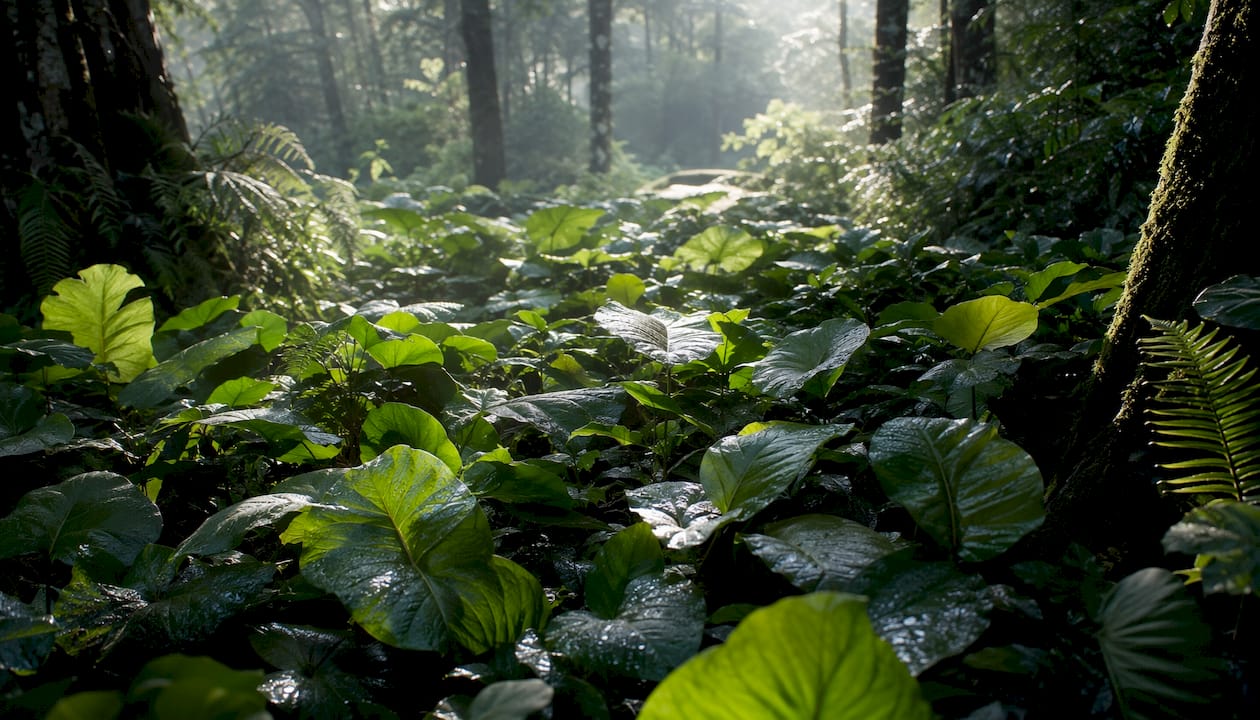 Close-up of leaves scattering sunlight in canopy
