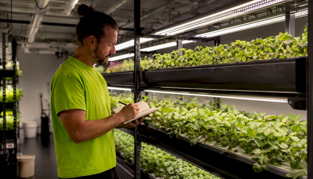 Grow facility showing LED fixture spacing and height