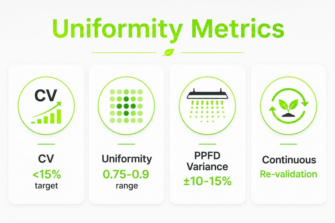 Infographic showing key lighting uniformity metrics and targets