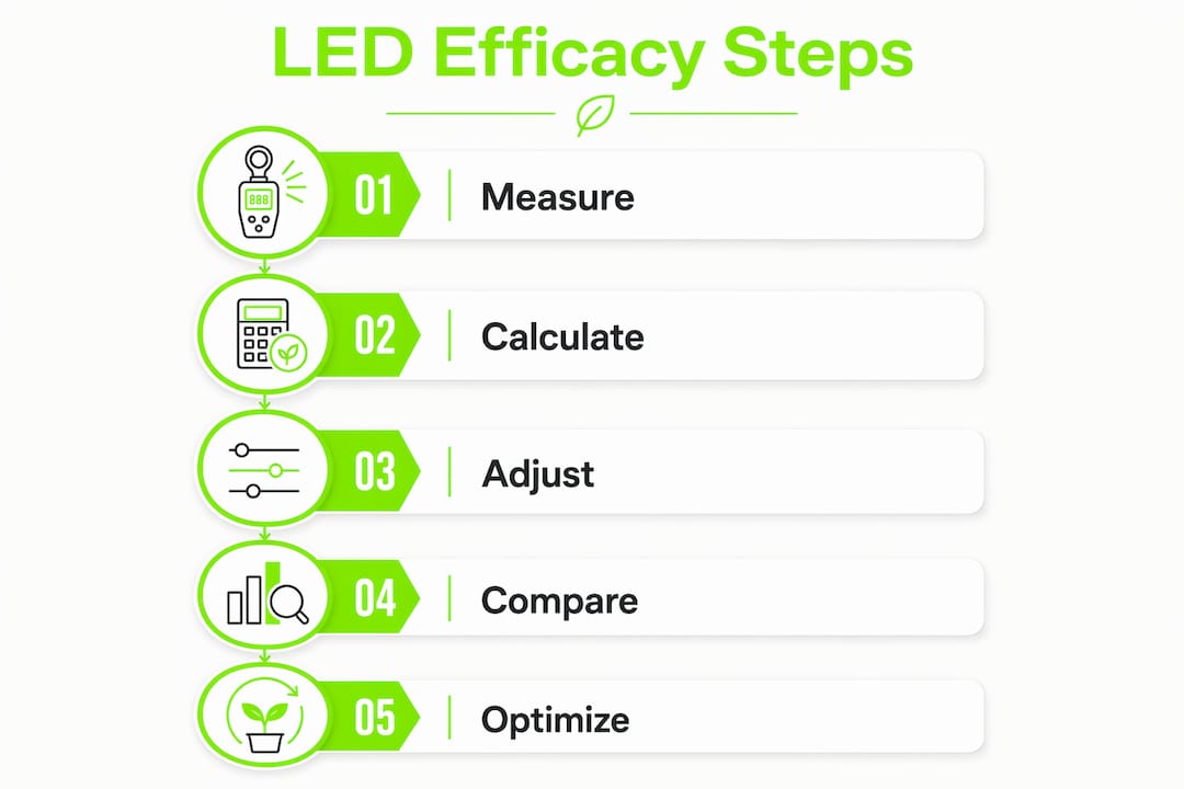 Infographic illustrating LED efficacy calculation steps