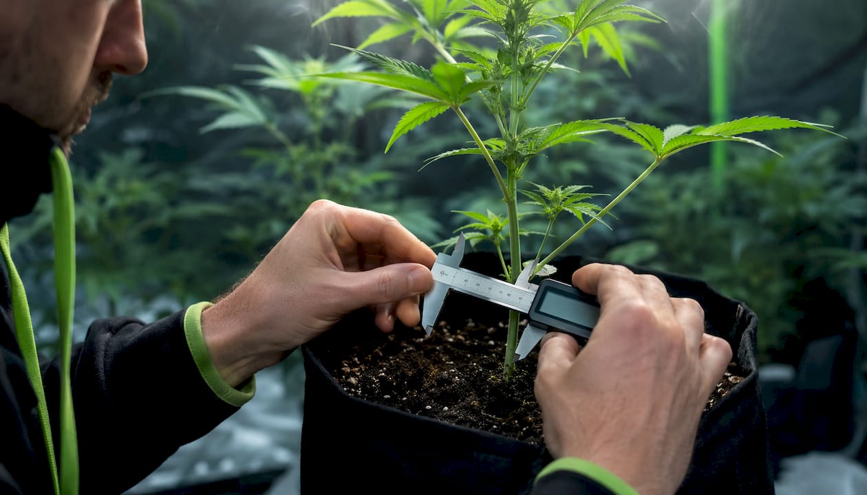 Hands measuring stem elongation of indoor plant