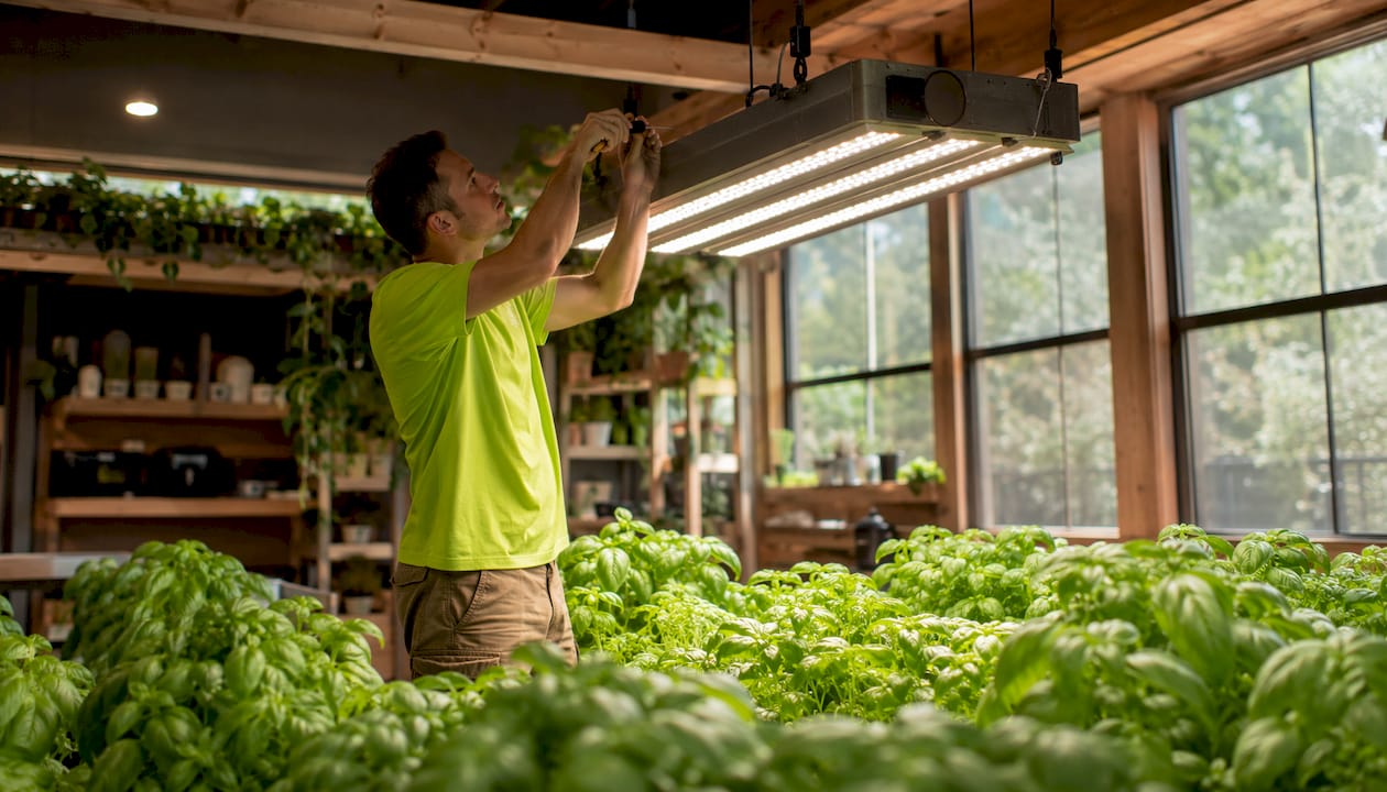 Hands adjusting LED grow light in grow tent