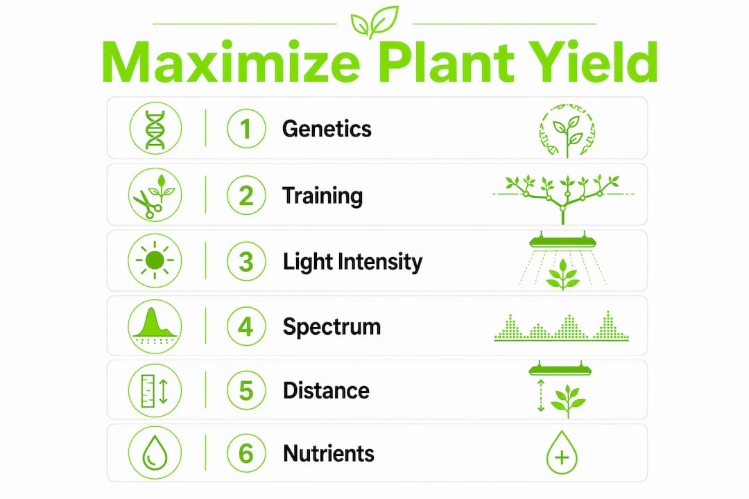 Infographic showing key steps to maximize indoor plant yield
