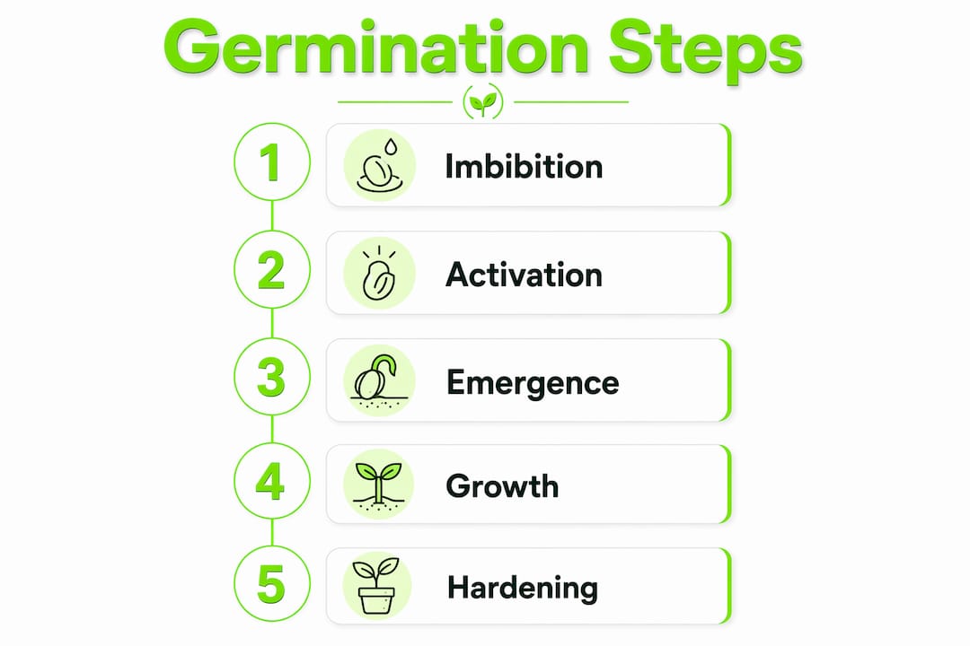 Infographic illustrating seed germination stages