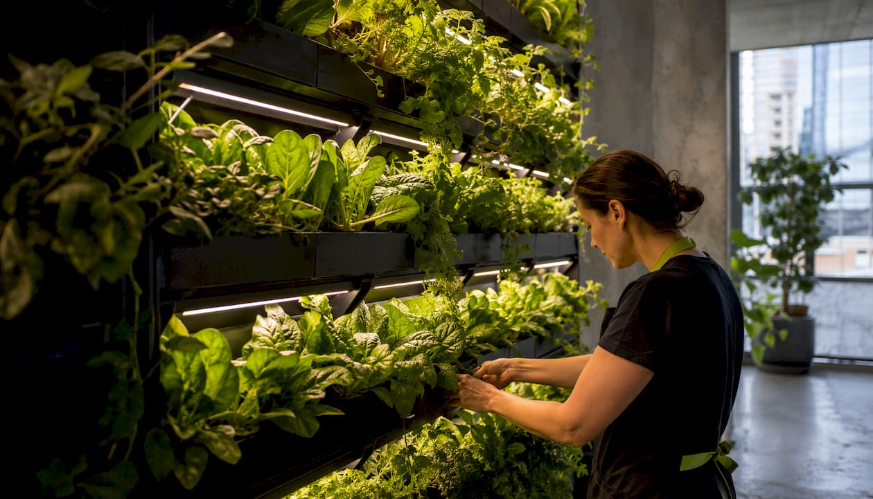 Close-up of LED proximity bars in vertical wall grow system