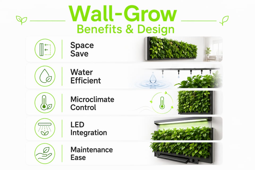 Infographic showing key benefits and design features of wall-mounted grow systems