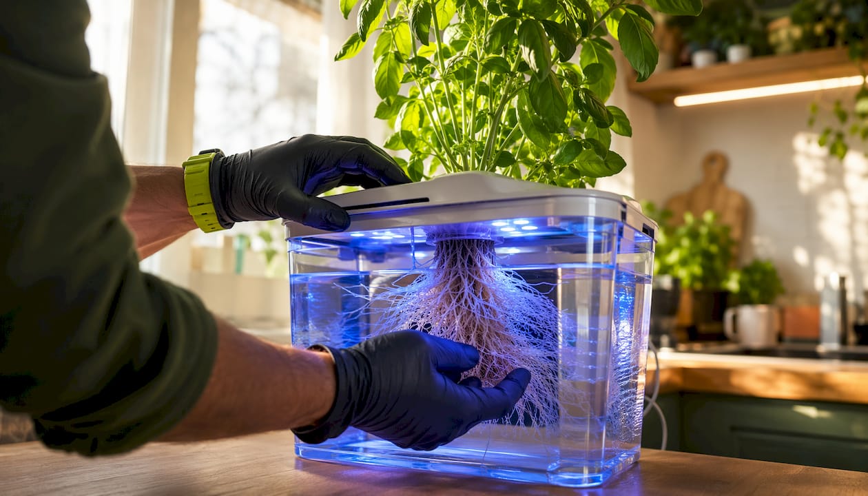 Close-up of roots growing under blue LED light