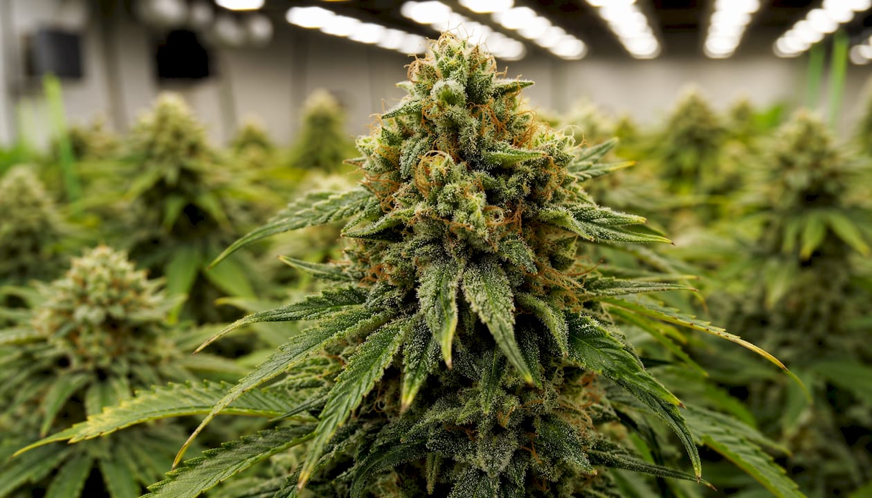 Close-up of cannabis buds lit by under-canopy LEDs
