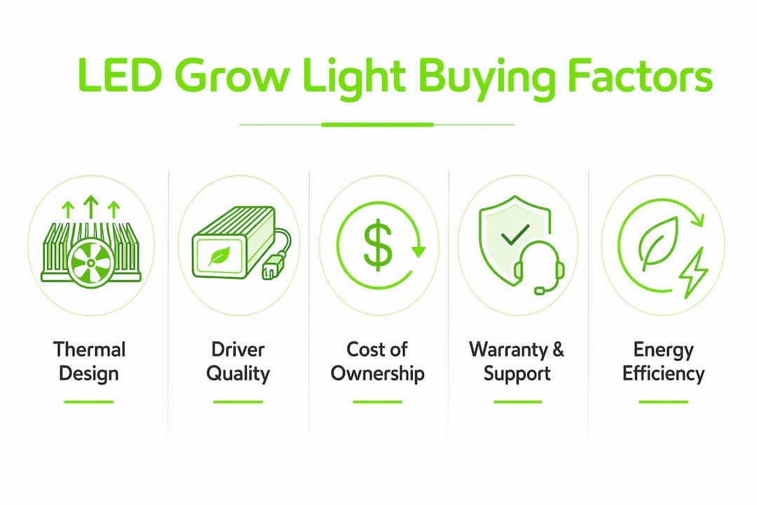 Infographic showing key LED grow light buying factors in ranked tiers