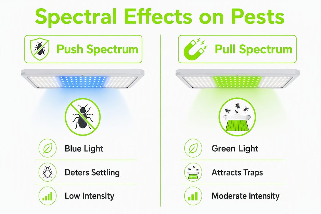 Infographic comparing push and pull light spectrums on pest behavior