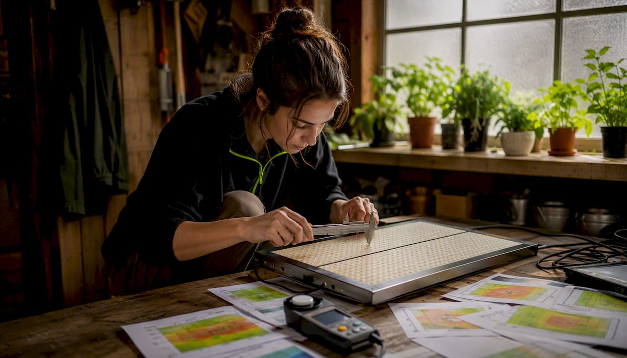 Hands measuring LED grow light panel thickness