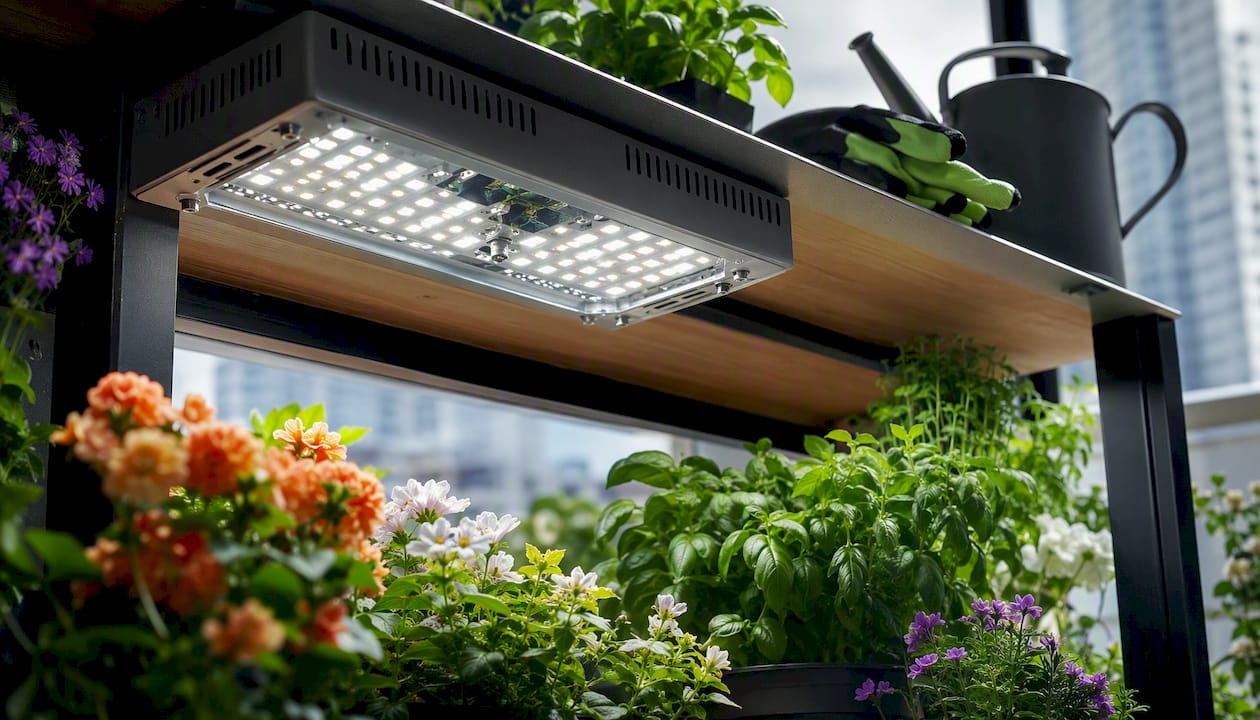 Compact LED grow light over small indoor plants