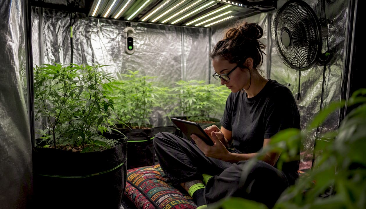Woman monitoring LED grow lights in grow tent