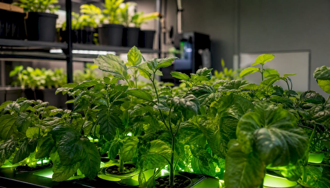 Close-up of plants lit by under-canopy LED lights
