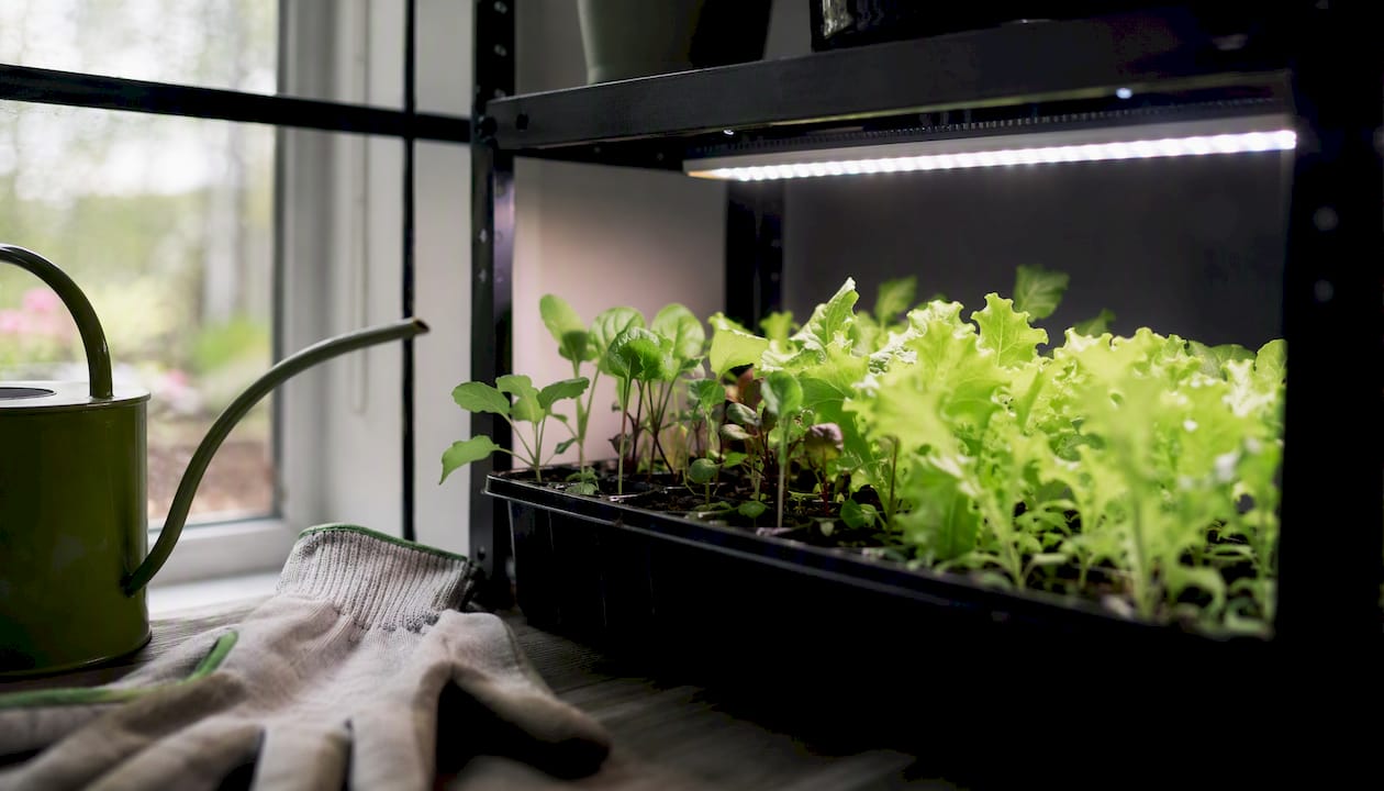 Seedlings growing under compact LED bar light indoors