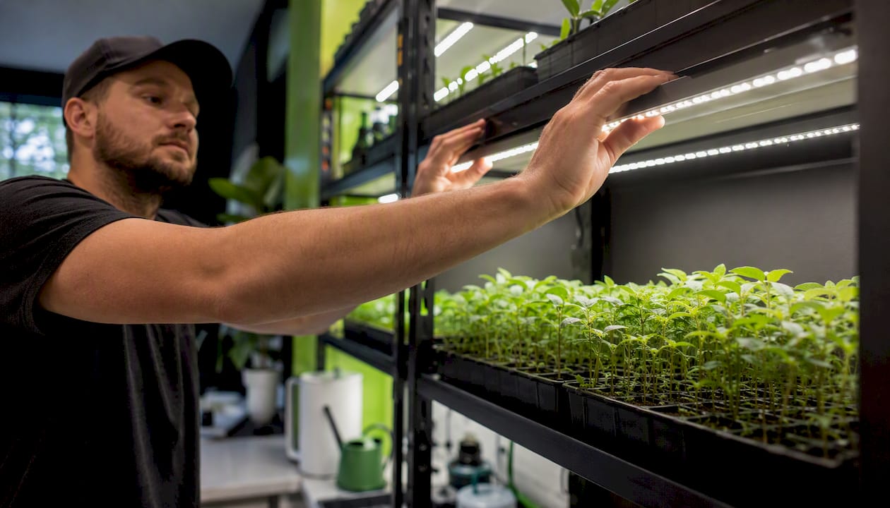 Hand lowering LED grow light over seedling tray