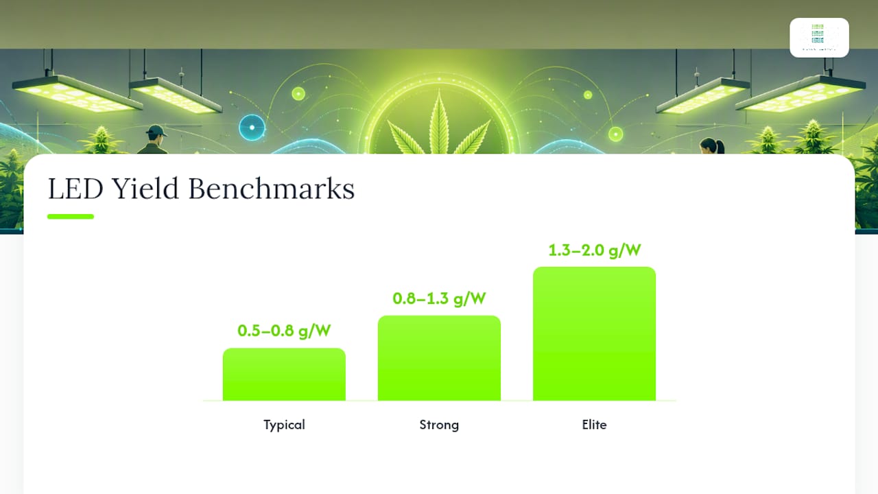 Diagram comparing cannabis yield grams per watt benchmarks
