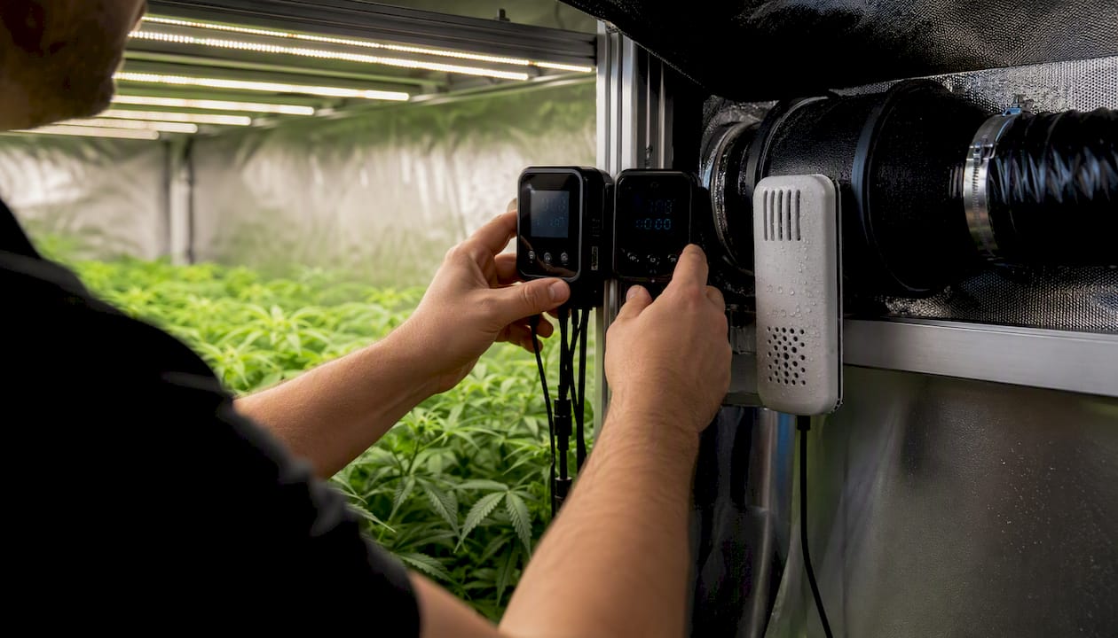 Hands adjusting temperature and humidity controls in grow tent