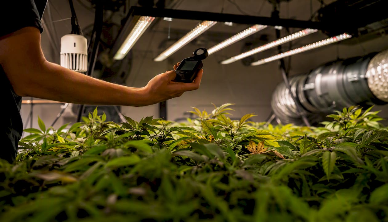 Hand measuring PPFD with PAR meter over plant canopy