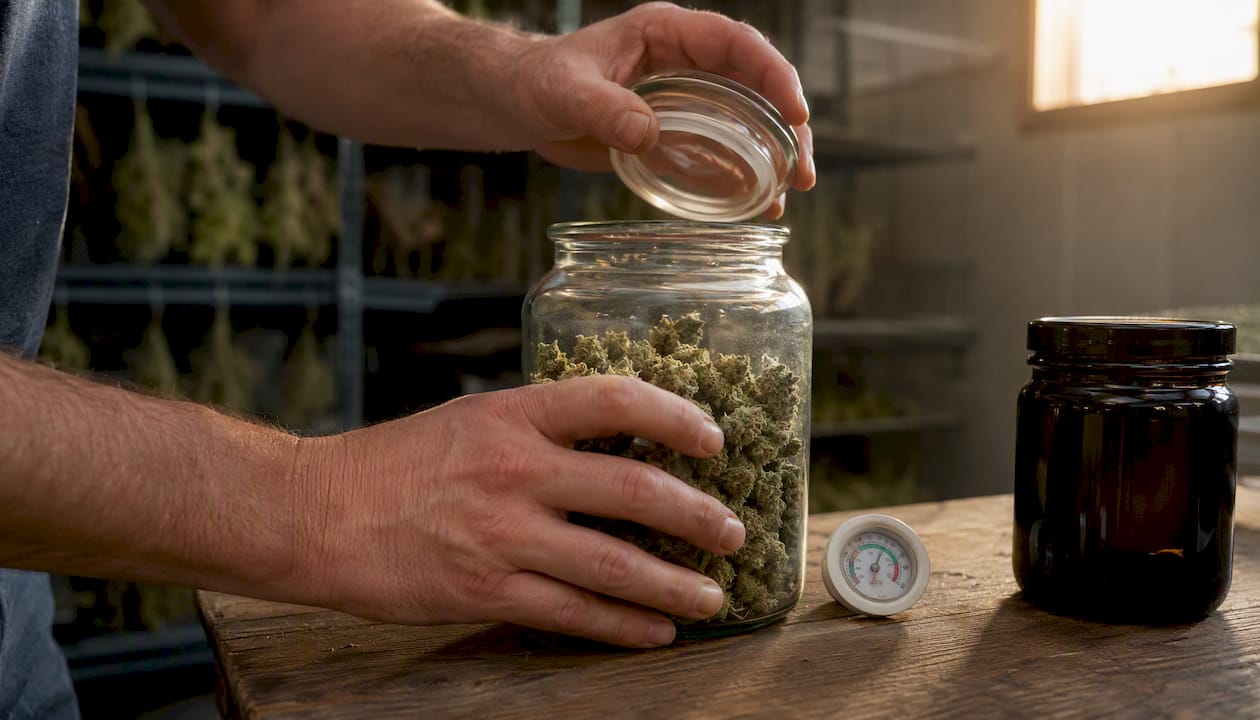 Hands burping a jar of curing cannabis buds