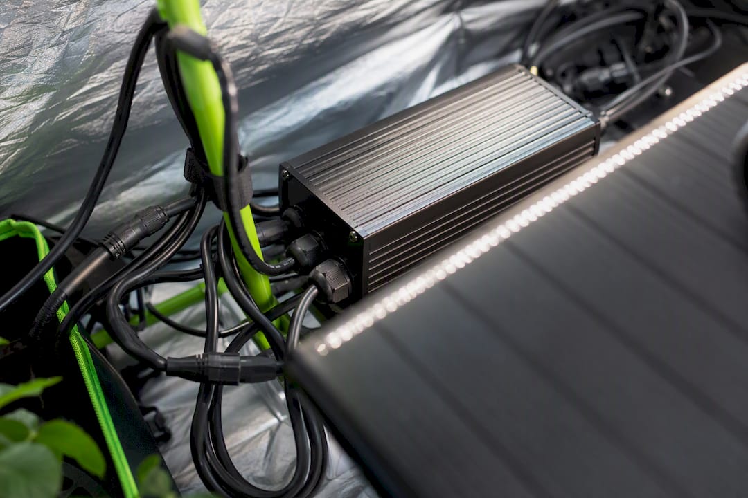 Close-up of grow light driver and wiring connections