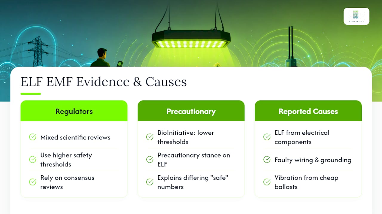 Diagram comparing ELF EMF safety thresholds and evidence