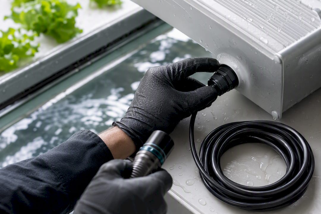 Technician inspecting hydroponic light cable gland