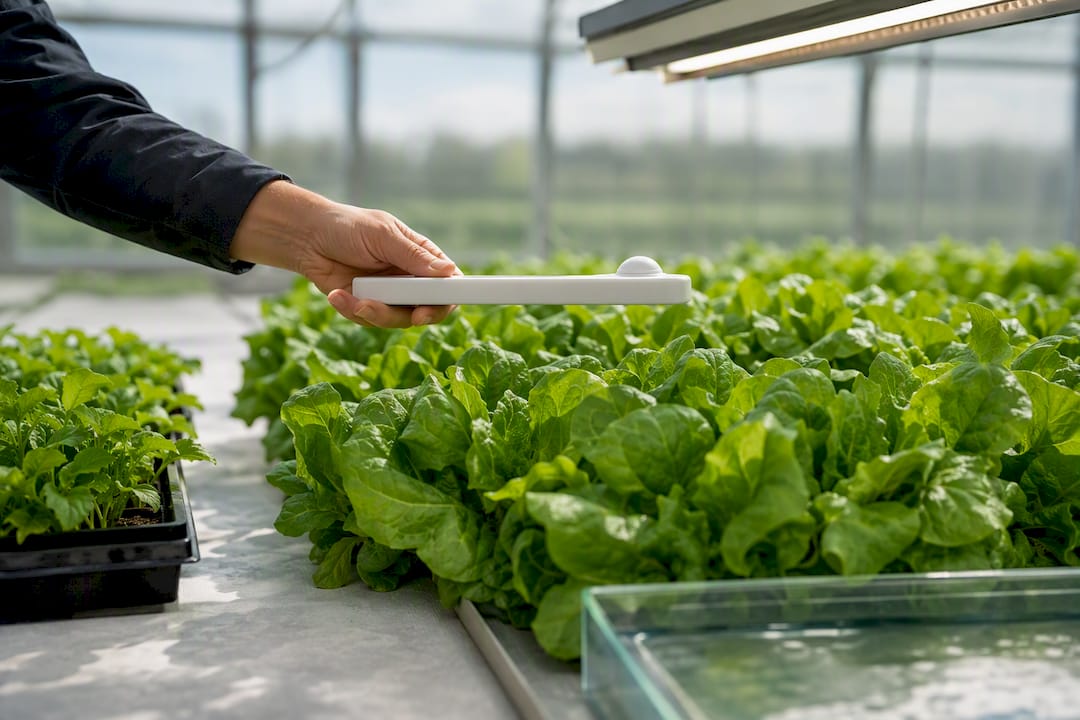 Quantum sensor positioned over lettuce canopy
