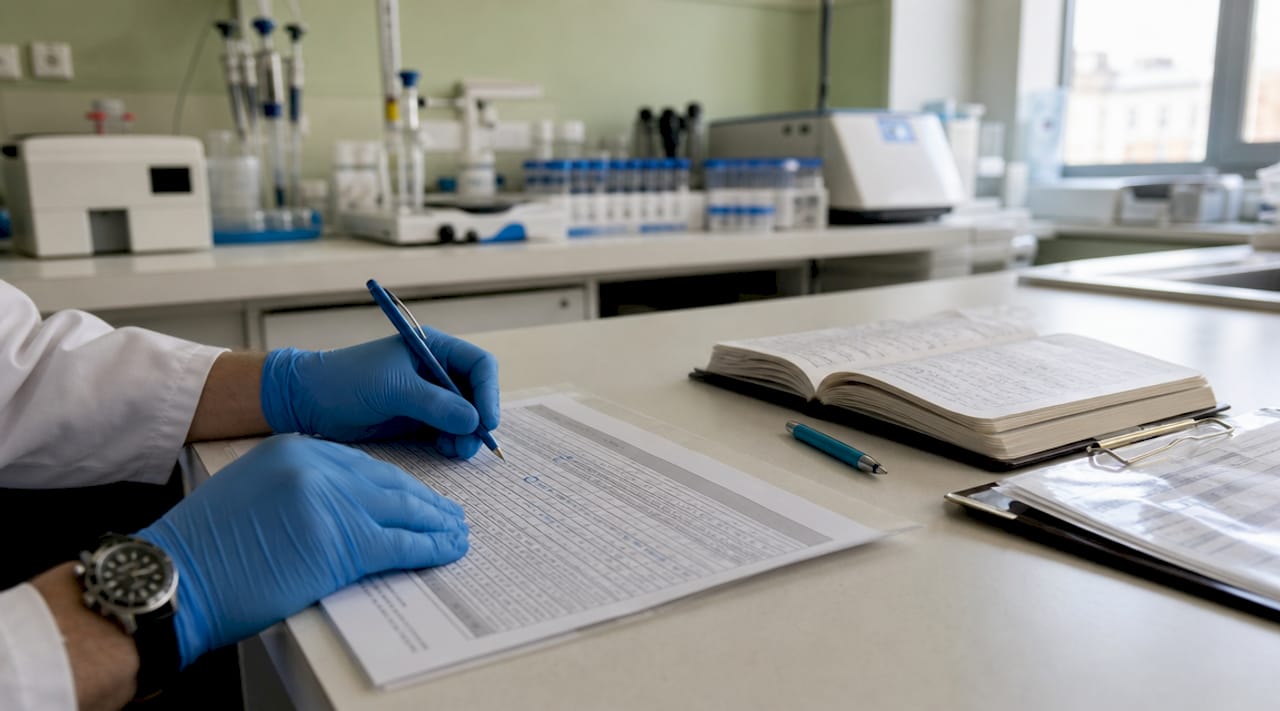 Hands marking errors on lab spreadsheet during validation