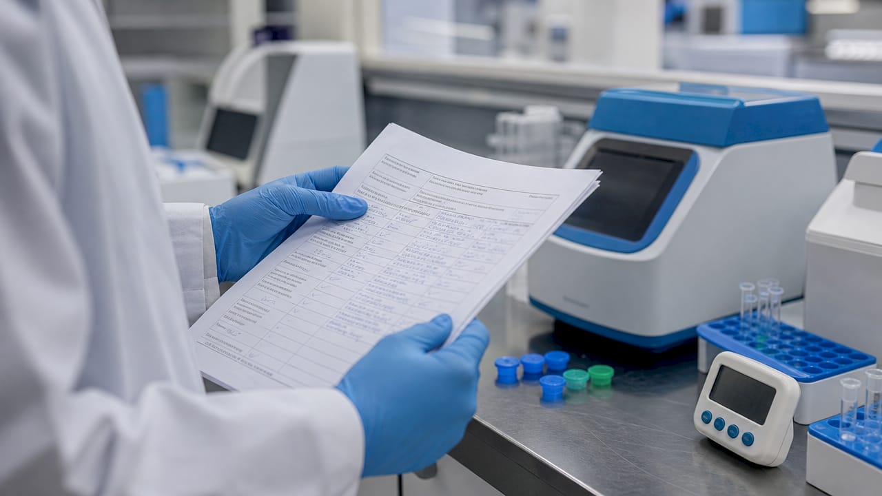 Hands holding validation report near PCR machine