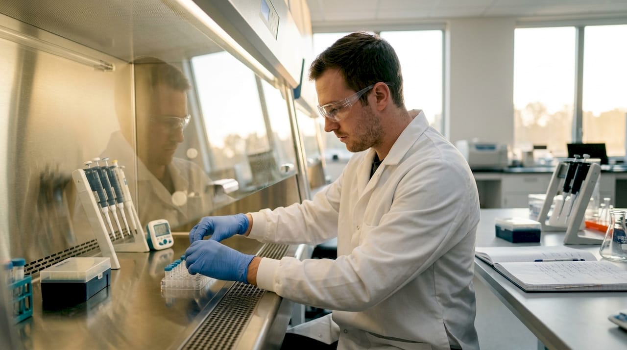 Lab technician handling sample tubes in lab