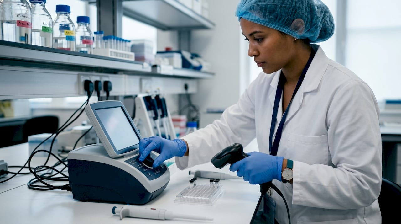 Hands operating laboratory instruments in diagnostics lab