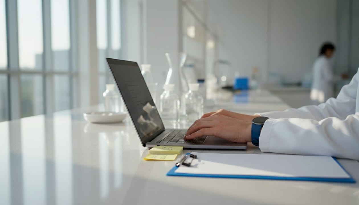 Overhead of hands typing beside workflow charts in lab office