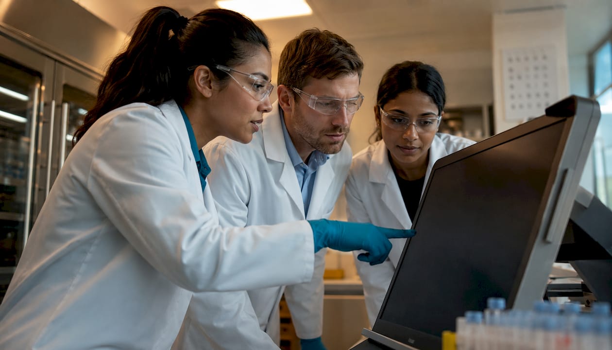 Lab professionals collaborating at touchscreen QC workstation