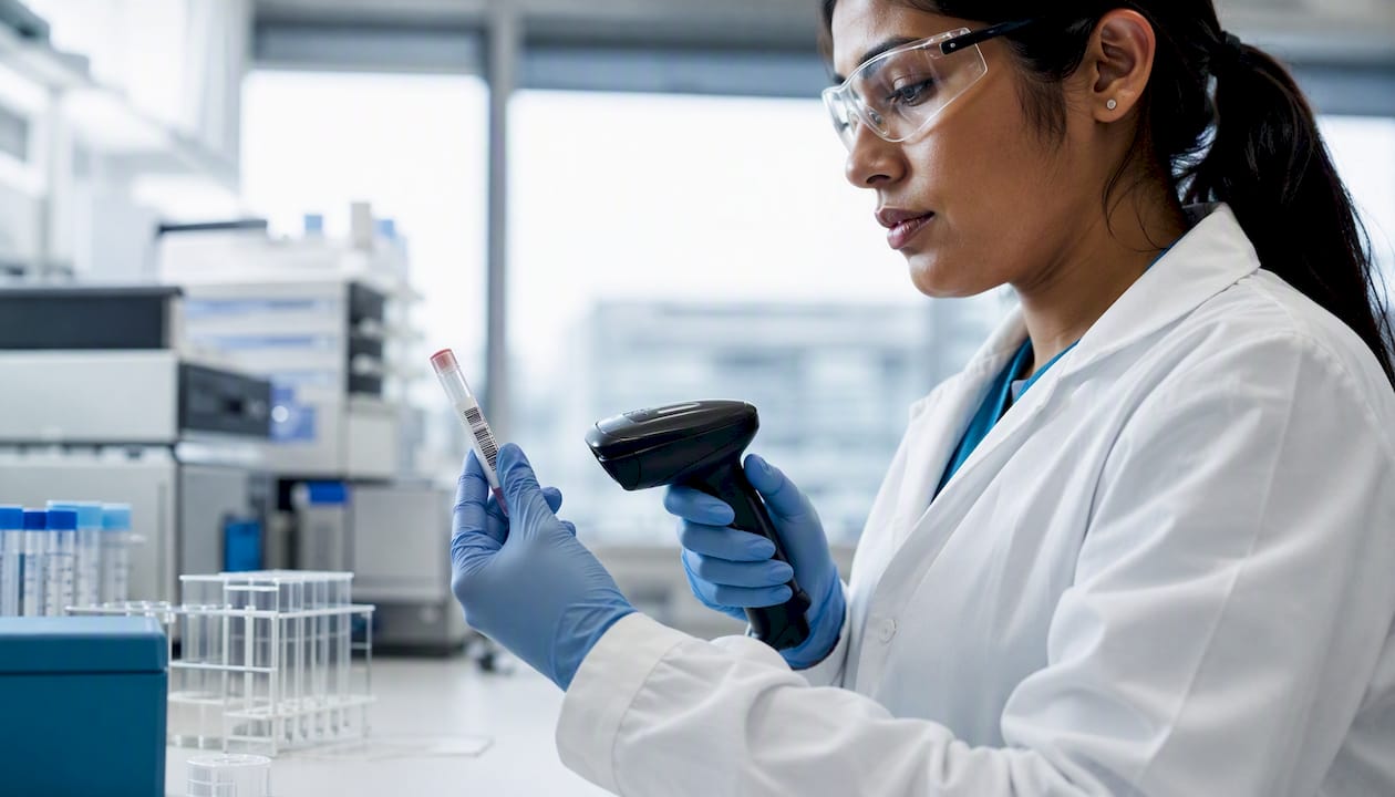Hands scanning specimen tube barcode in lab