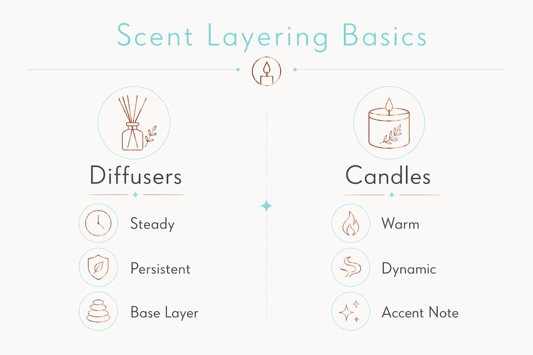Infographic comparing diffuser and candle scent layering