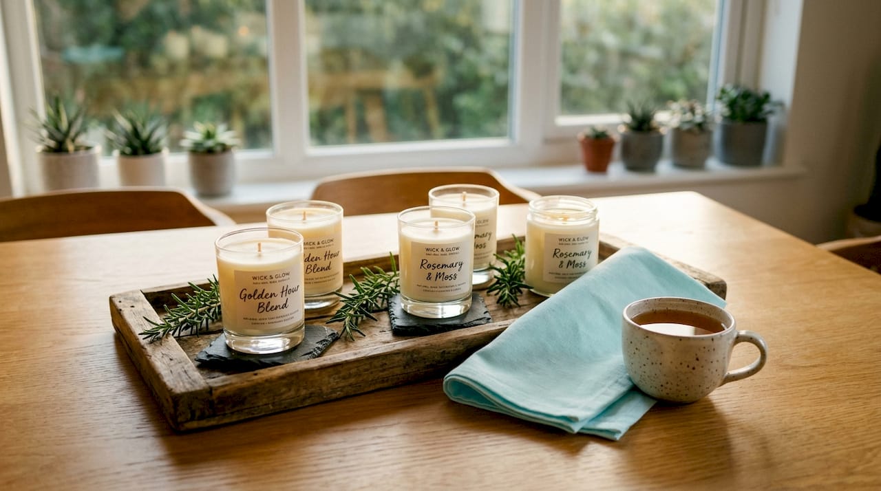 Soy and beeswax candles on kitchen counter with natural light