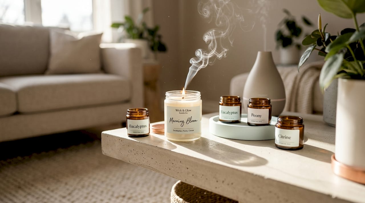 Burning candle with labeled essential oils nearby