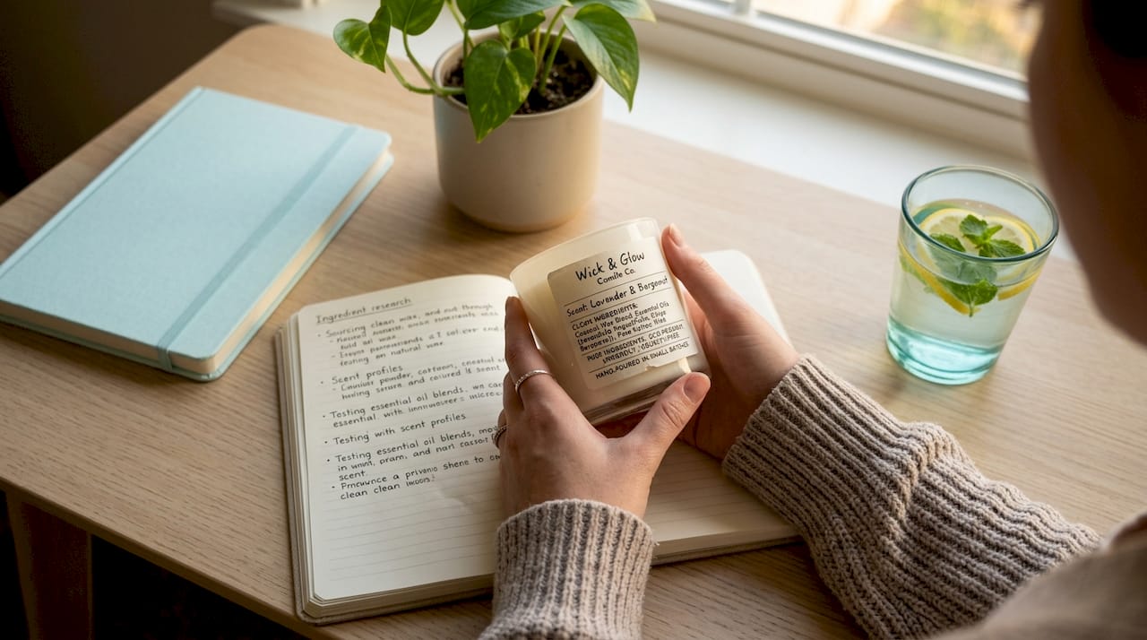 Hands examining candle ingredient label in office