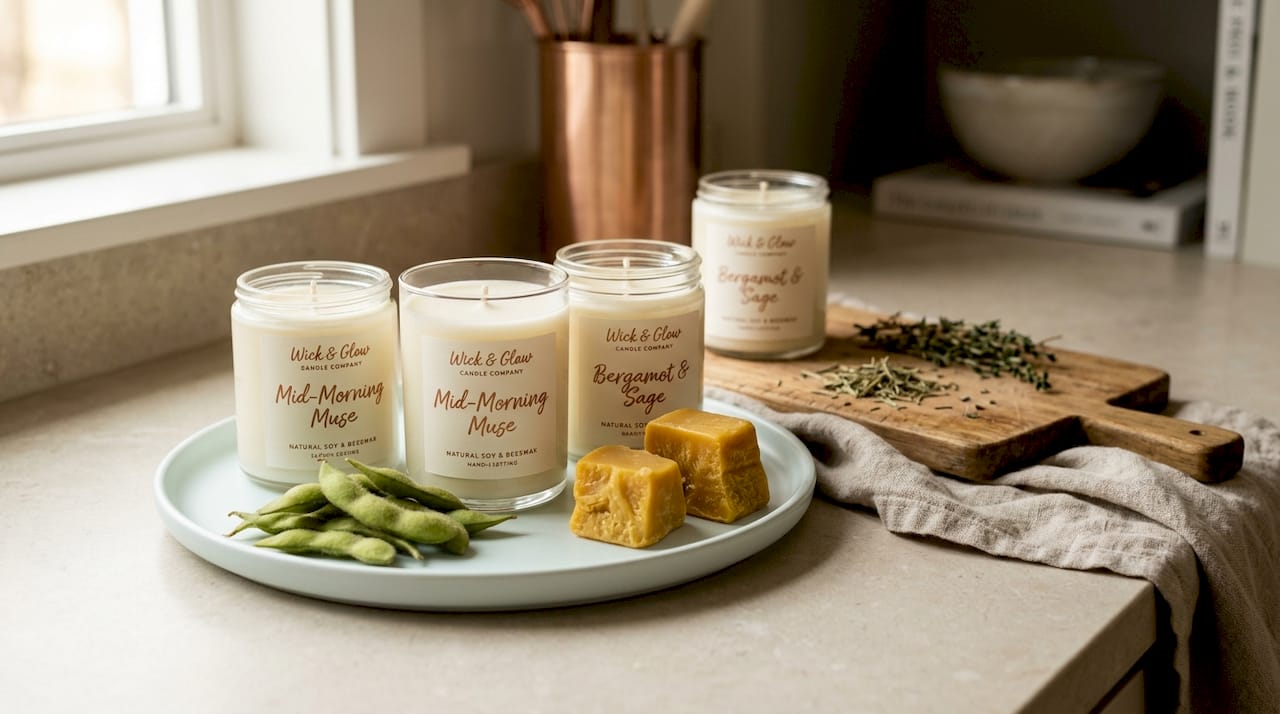 Soy and beeswax candle ingredients on kitchen counter