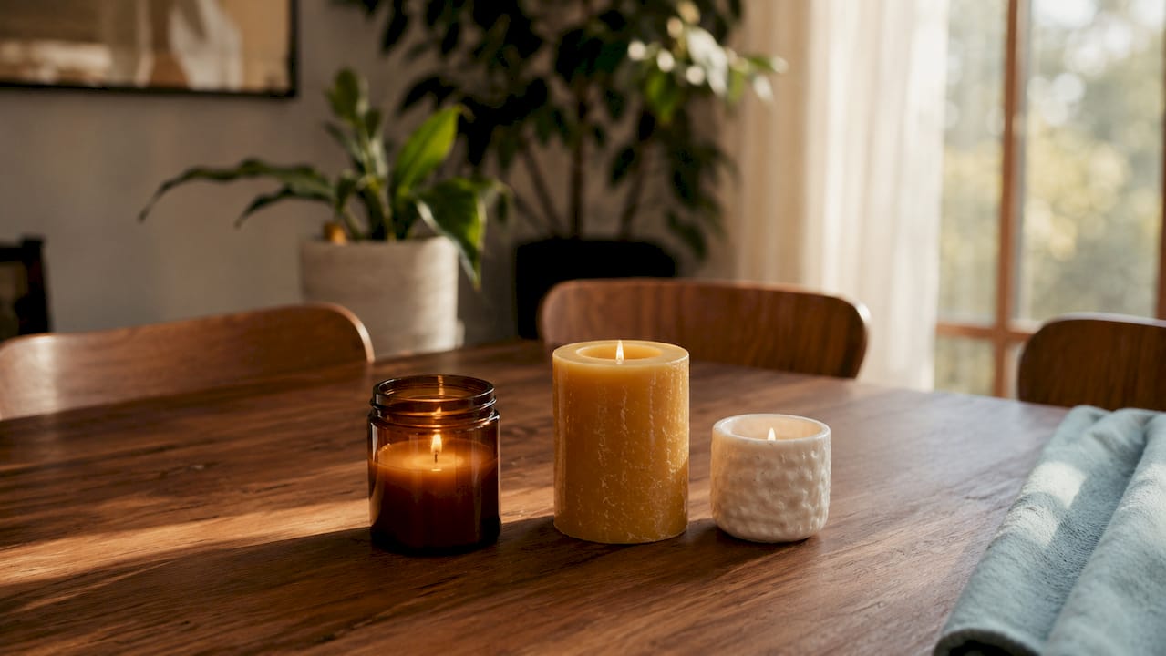 Close-up of natural wax candles on kitchen counter