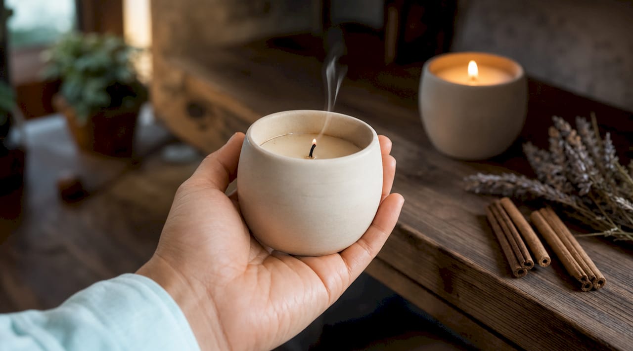 Hand holding extinguished amber candle amid scent elements