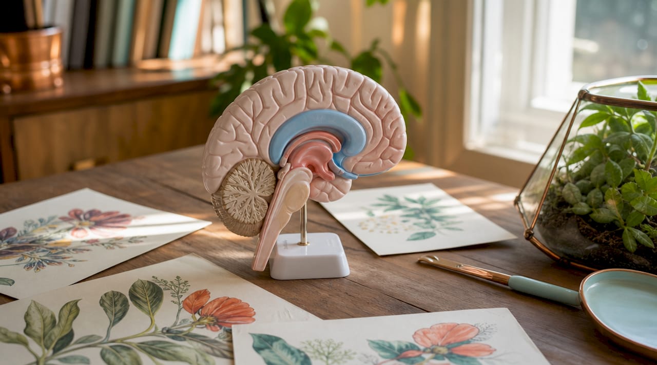 Anatomical brain model highlighting olfactory regions